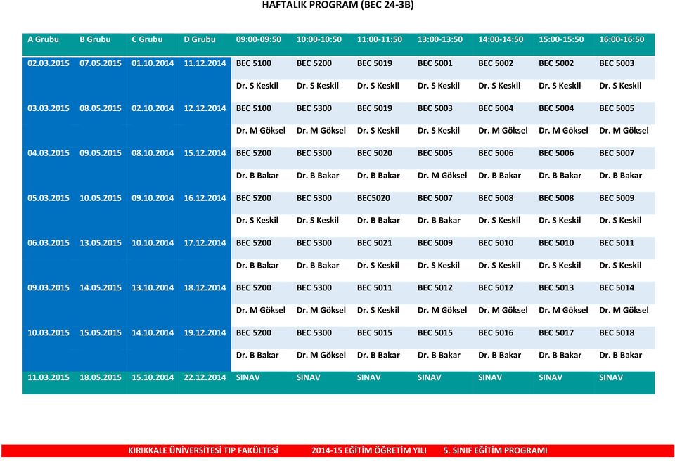 12.2014 BEC 5100 BEC 5300 BEC 5019 BEC 5003 BEC 5004 BEC 5004 BEC 5005 Dr. M Göksel Dr. M Göksel Dr. S Keskil Dr. S Keskil Dr. M Göksel Dr. M Göksel Dr. M Göksel 04.03.2015 09.05.2015 08.10.2014 15.