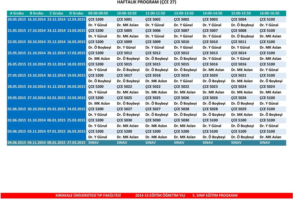 Y Günal Dr. MK Aslan Dr. Y Günal Dr. Y Günal Dr. Y Günal Dr. Ö Boybeyi Dr. MK Aslan 22.05.2015 20.10.2014 25.12.2014 16.03.2015 ÇCE 5200 ÇCE 5009 ÇCE 5009 ÇCE 5010 ÇCE 5010 ÇCE 5011 ÇCE 5100 Dr.
