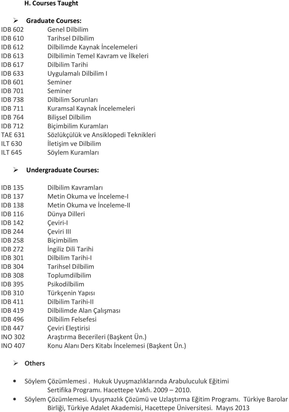 Ansiklopedi Teknikleri ILT 630 İletişim ve Dilbilim ILT 645 Söylem Kuramları Undergraduate Courses: IDB 135 IDB 137 IDB 138 IDB 116 IDB 142 IDB 244 IDB 258 IDB 272 IDB 301 IDB 304 IDB 308 IDB 395 IDB