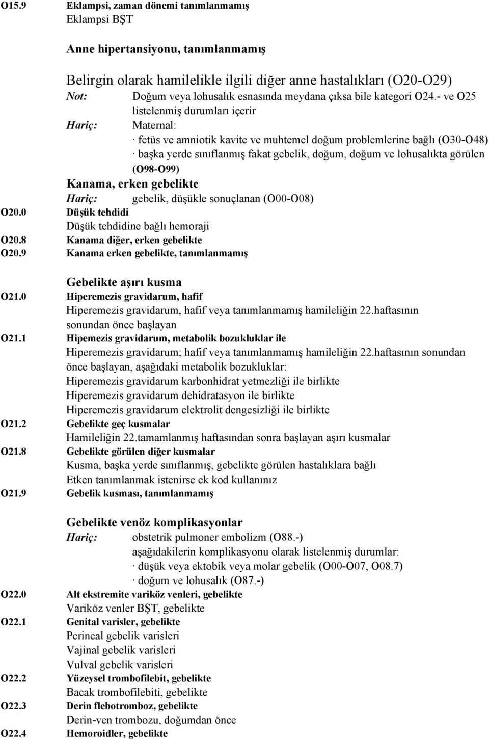 - ve O25 listelenmiş durumları içerir Hariç: Maternal: fetüs ve amniotik kavite ve muhtemel doğum problemlerine bağlı (O30-O48) başka yerde sınıflanmış fakat gebelik, doğum, doğum ve lohusalıkta