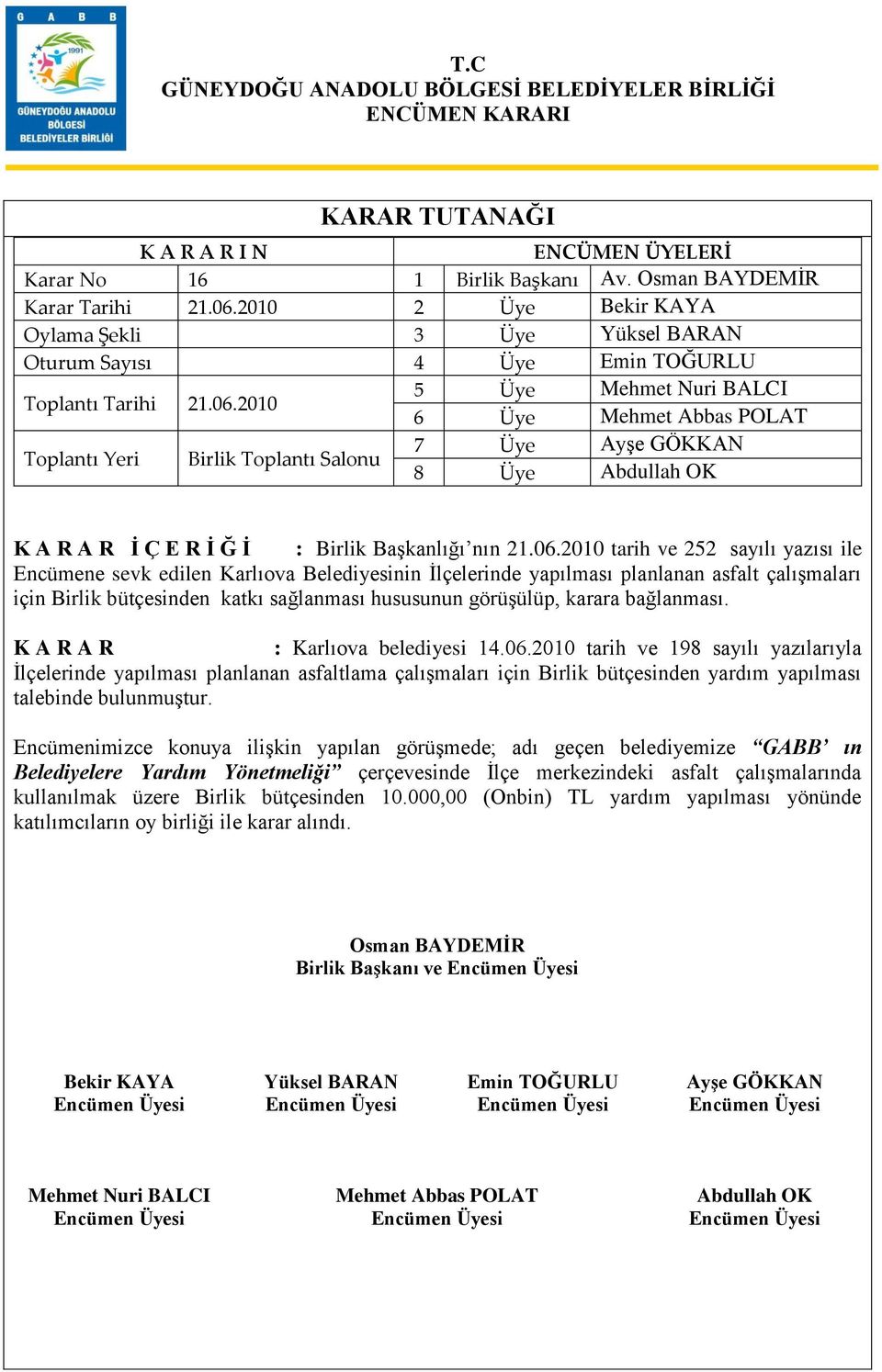 2010 tarih ve 252 sayılı yazısı ile Encümene sevk edilen Karlıova Belediyesinin Ġlçelerinde yapılması planlanan asfalt çalışmaları için Birlik bütçesinden katkı sağlanması hususunun görüşülüp, karara