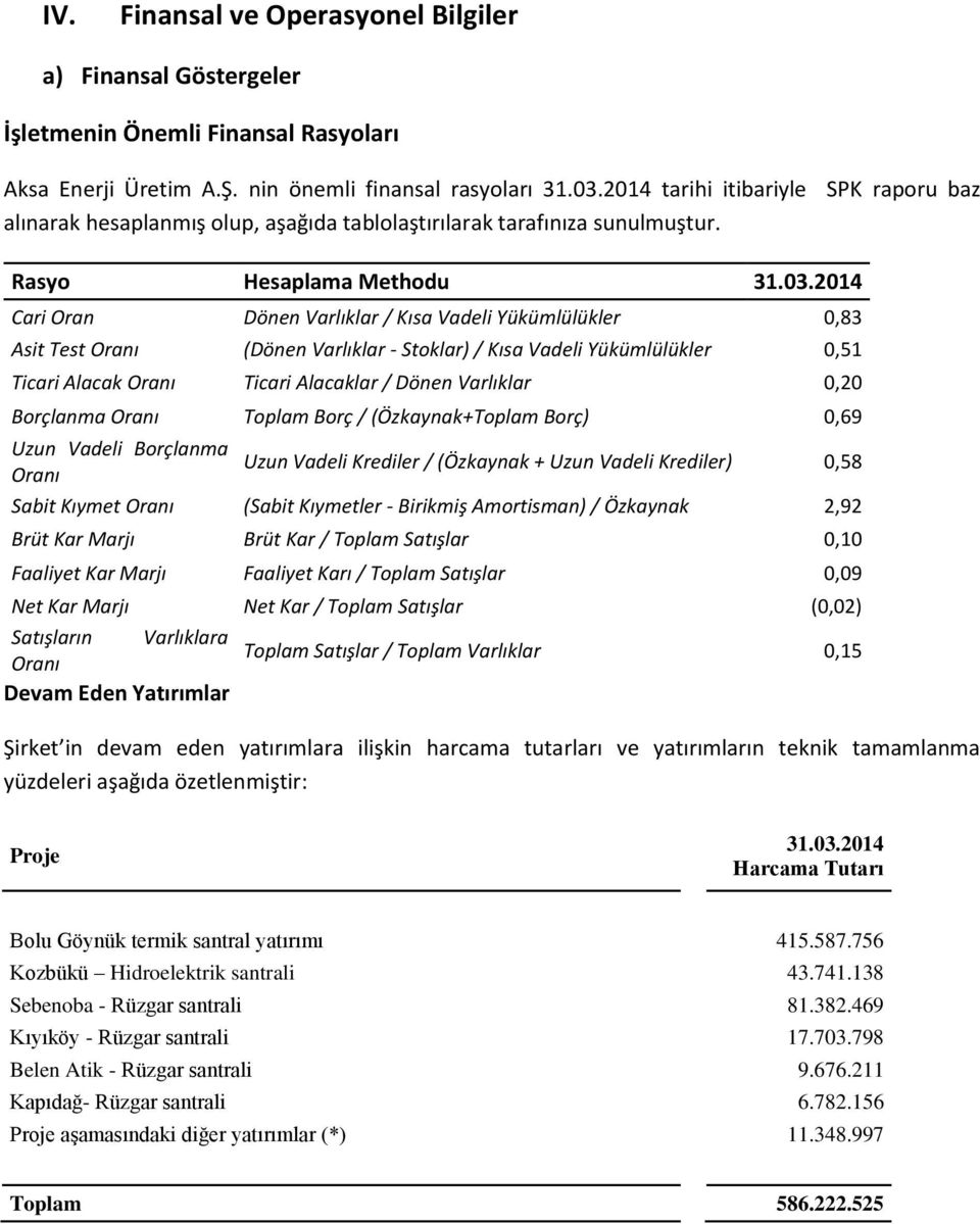 2014 Cari Oran Dönen Varlıklar / Kısa Vadeli Yükümlülükler 0,83 Asit Test Oranı (Dönen Varlıklar - Stoklar) / Kısa Vadeli Yükümlülükler 0,51 Ticari Alacak Oranı Ticari Alacaklar / Dönen Varlıklar