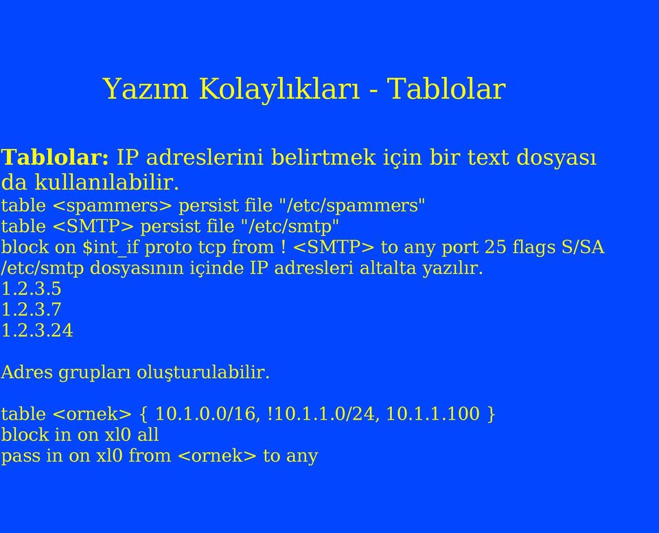 <SMTP> to any port 25 flags S/SA /etc/smtp dosyasının içinde IP adresleri altalta yazılır. 1.2.3.