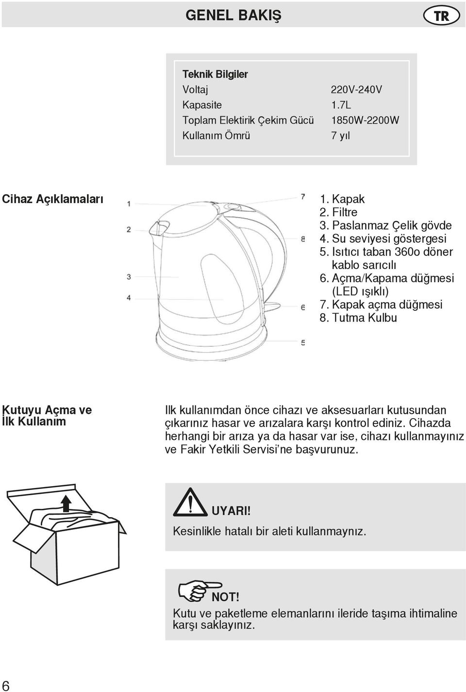 Tutma Kulbu Kutuyu Açma ve İlk Kullanım Ilk kullanımdan önce cihazı ve aksesuarları kutusundan çıkarınız hasar ve arızalara karşı kontrol ediniz.