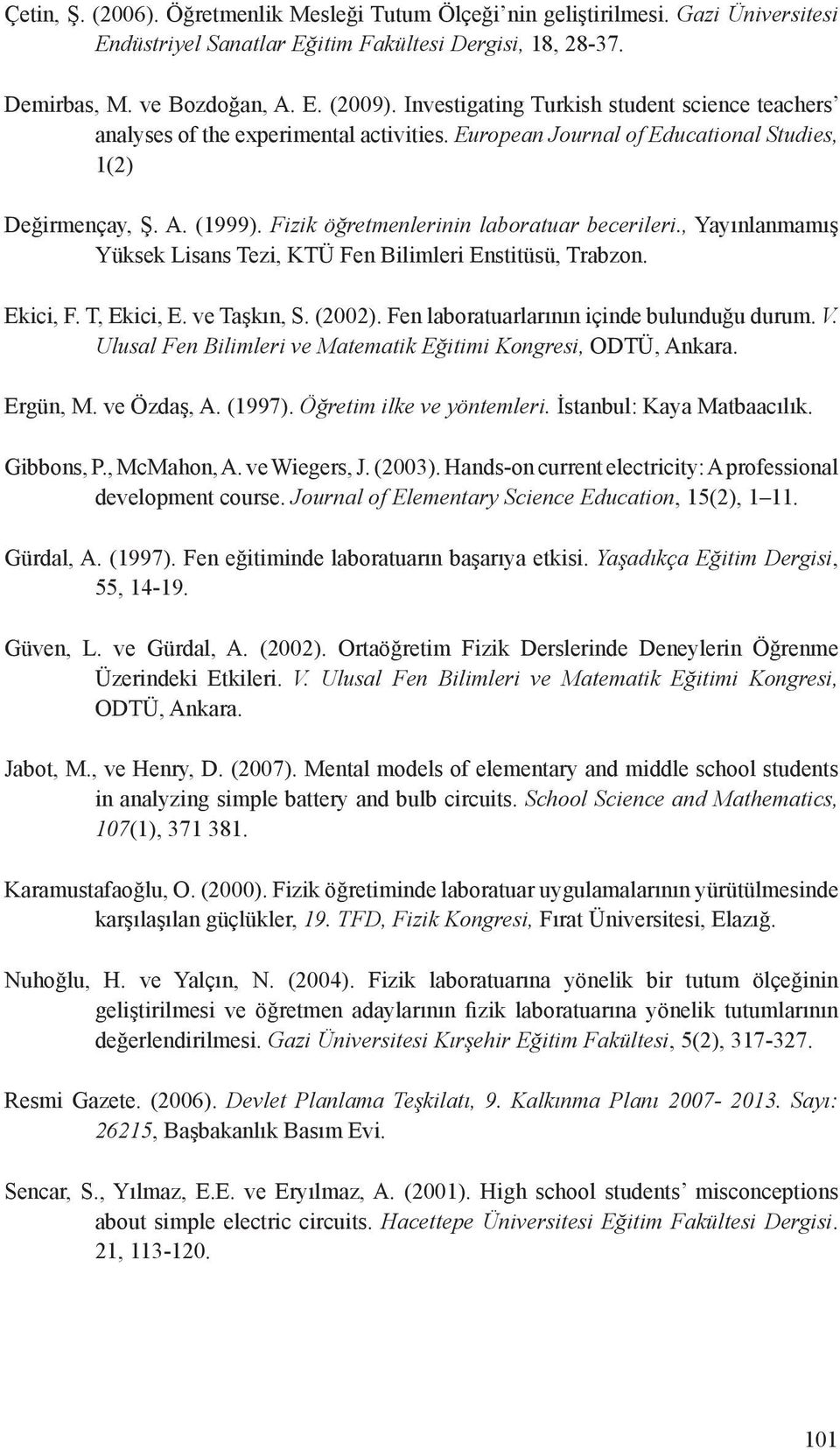 Fizik öğretmenlerinin laboratuar becerileri., Yayınlanmamış Yüksek Lisans Tezi, KTÜ Fen Bilimleri Enstitüsü, Trabzon. Ekici, F. T, Ekici, E. ve Taşkın, S. (2002).