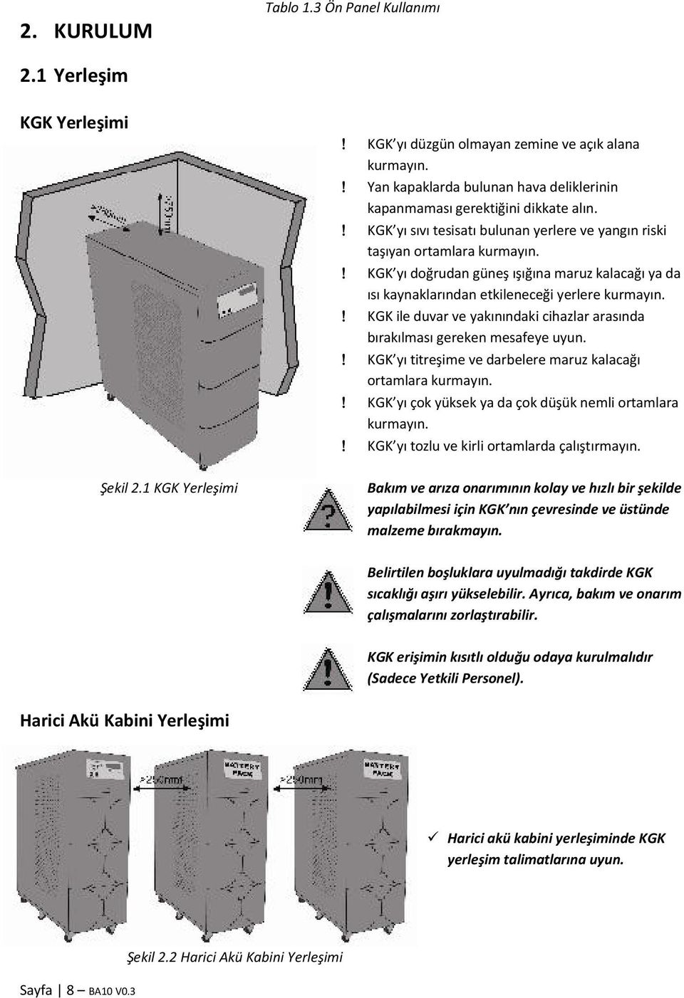 ! KGK ile duvar ve yakınındaki cihazlar arasında bırakılması gereken mesafeye uyun.! KGK yı titreşime ve darbelere maruz kalacağı ortamlara kurmayın.