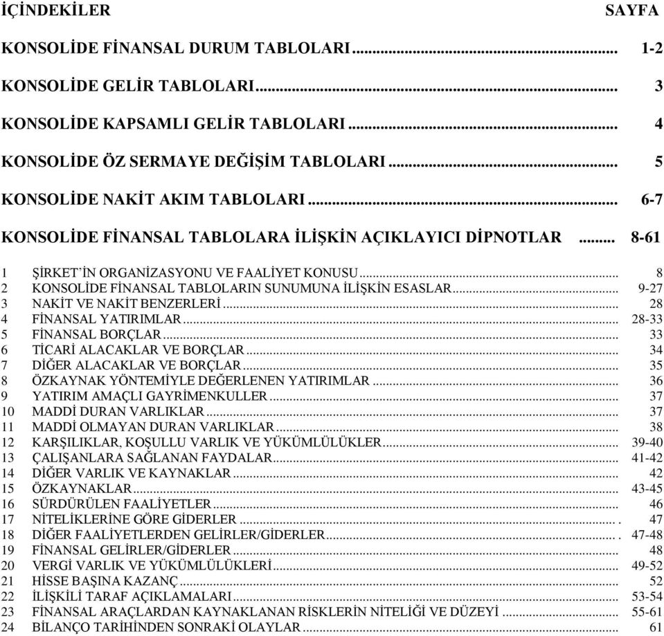 .. 28 4 FİNANSAL YATIRIMLAR... 28-33 5 FİNANSAL BORÇLAR... 33 6 TİCARİ ALACAKLAR VE BORÇLAR... 34 7 DİĞER ALACAKLAR VE BORÇLAR... 35 8 ÖZKAYNAK YÖNTEMİYLE DEĞERLENEN YATIRIMLAR.