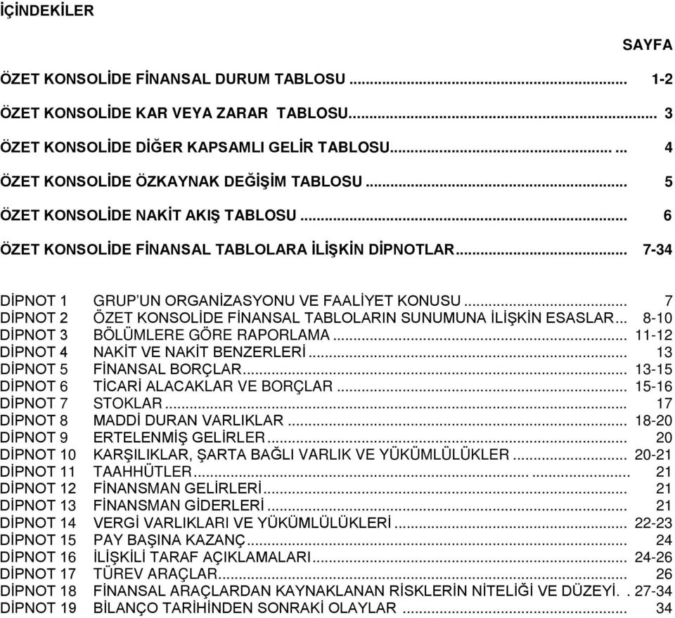 .. 7 DİPNOT 2 ÖZET KONSOLİDE FİNANSAL TABLOLARIN SUNUMUNA İLİŞKİN ESASLAR... 8-10 DİPNOT 3 BÖLÜMLERE GÖRE RAPORLAMA... 11-12 DİPNOT 4 NAKİT VE NAKİT BENZERLERİ... 13 DİPNOT 5 FİNANSAL BORÇLAR.