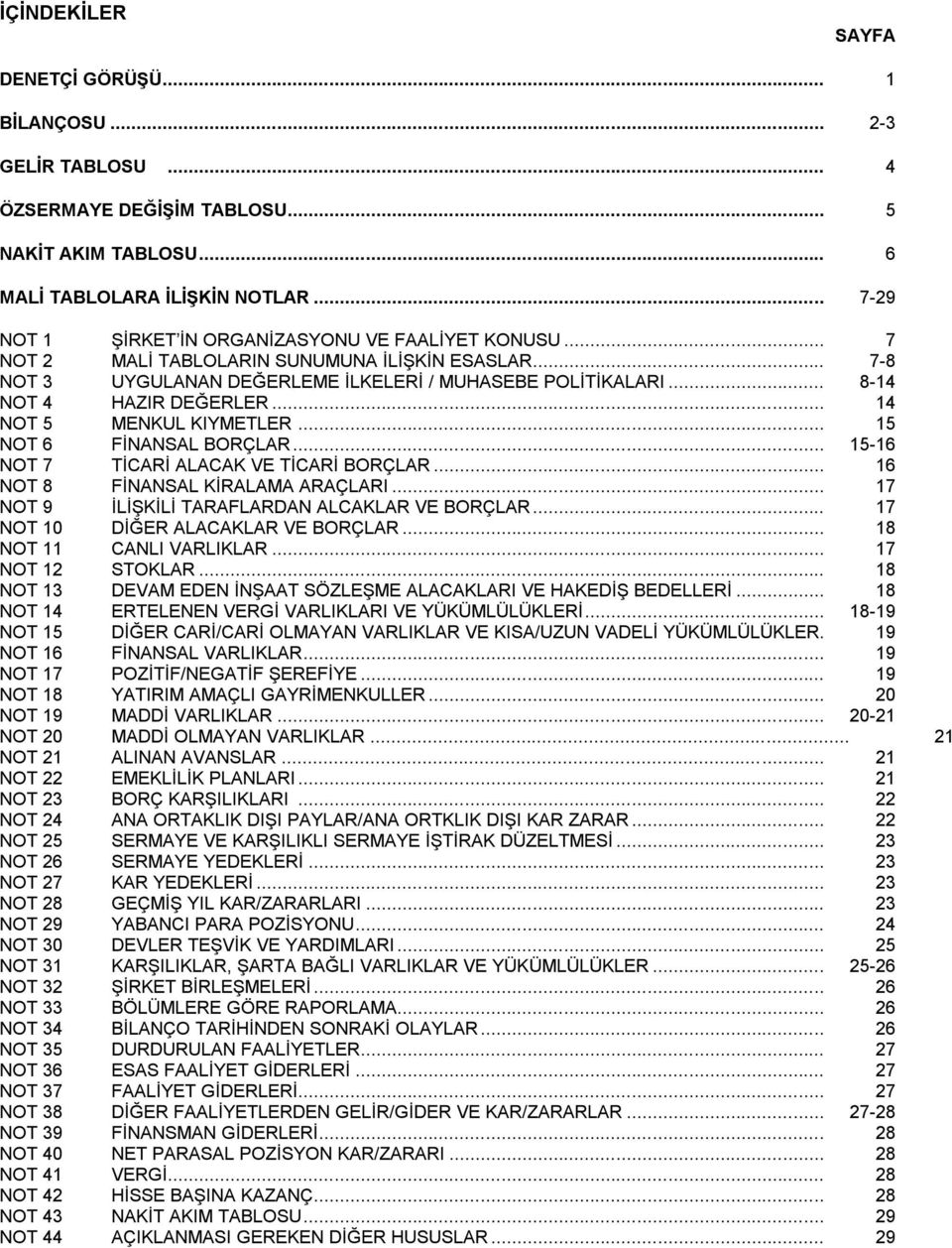 .. 8-14 NOT 4 HAZIR DEĞERLER... 14 NOT 5 MENKUL KIYMETLER... 15 NOT 6 FİNANSAL BORÇLAR... 15-16 NOT 7 TİCARİ ALACAK VE TİCARİ BORÇLAR... 16 NOT 8 FİNANSAL KİRALAMA ARAÇLARI.