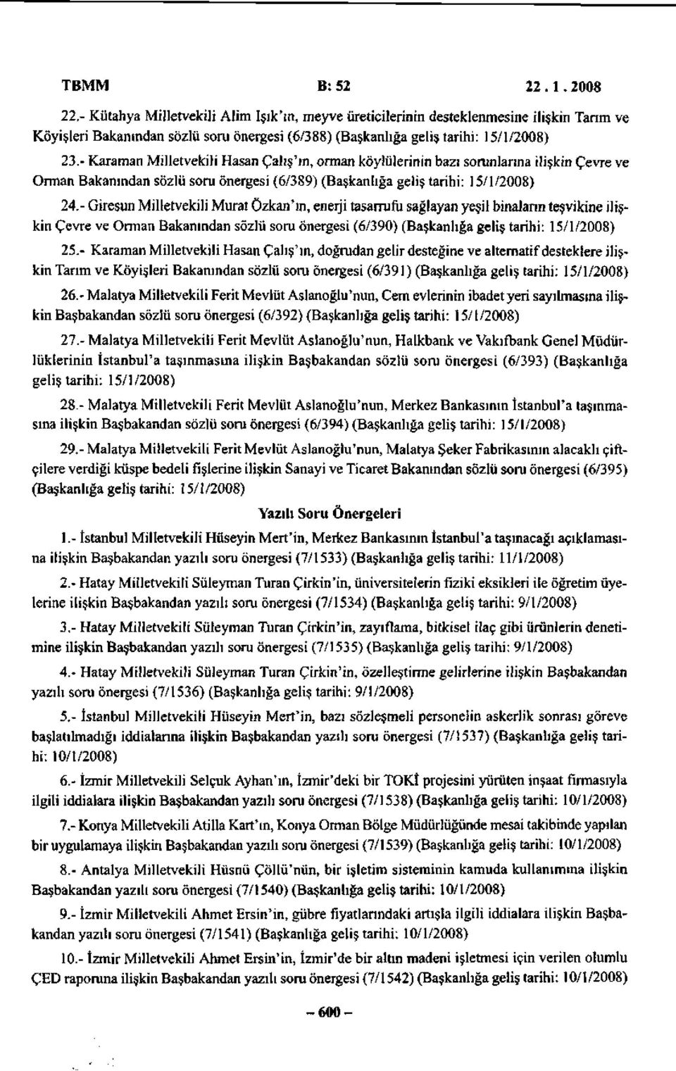 - Karaman Milletvekili Hasan Çalış'in, orman köylülerinin bazı sorunlarına ilişkin Çevre ve Orman Bakanından sözlü soru önergesi (6/389) (Başkanlığa geliş tarihi: 15/1/2008) 24.