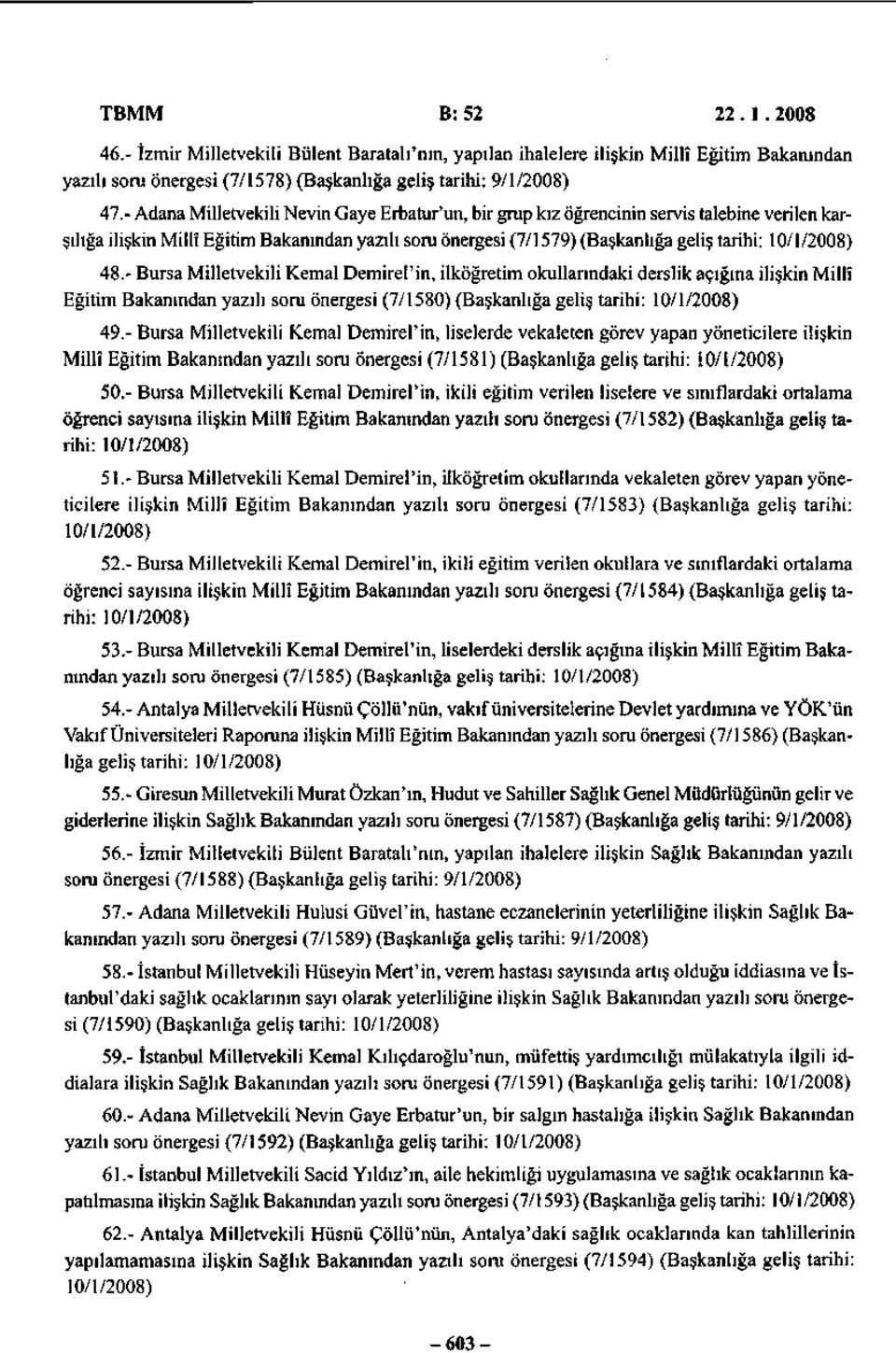 10/1/2008) 48.- Bursa Milletvekili Kemal Demirel'in, ilköğretim okullarındaki derslik açığına ilişkin Millî Eğitim Bakanından yazılı soru önergesi (7/1580) (Başkanlığa geliş tarihi: 10/1/2008) 49.