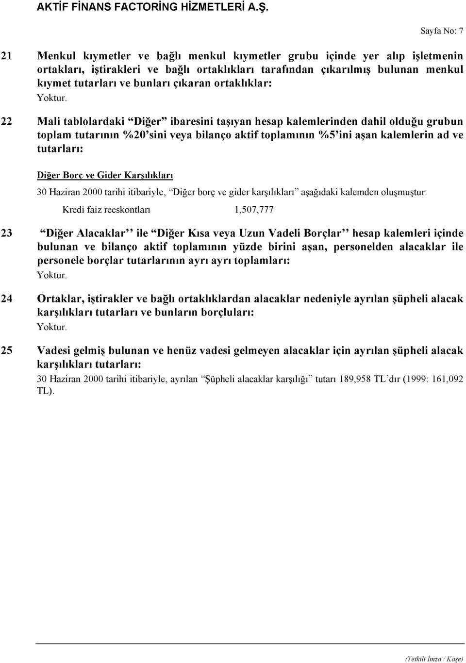 tutarları: Diğer Borç ve Gider Karşılıkları 30 Haziran 2000 tarihi itibariyle, Diğer borç ve gider karşılıkları aşağıdaki kalemden oluşmuştur: Kredi faiz reeskontları 1,507,777 23 Diğer Alacaklar ile