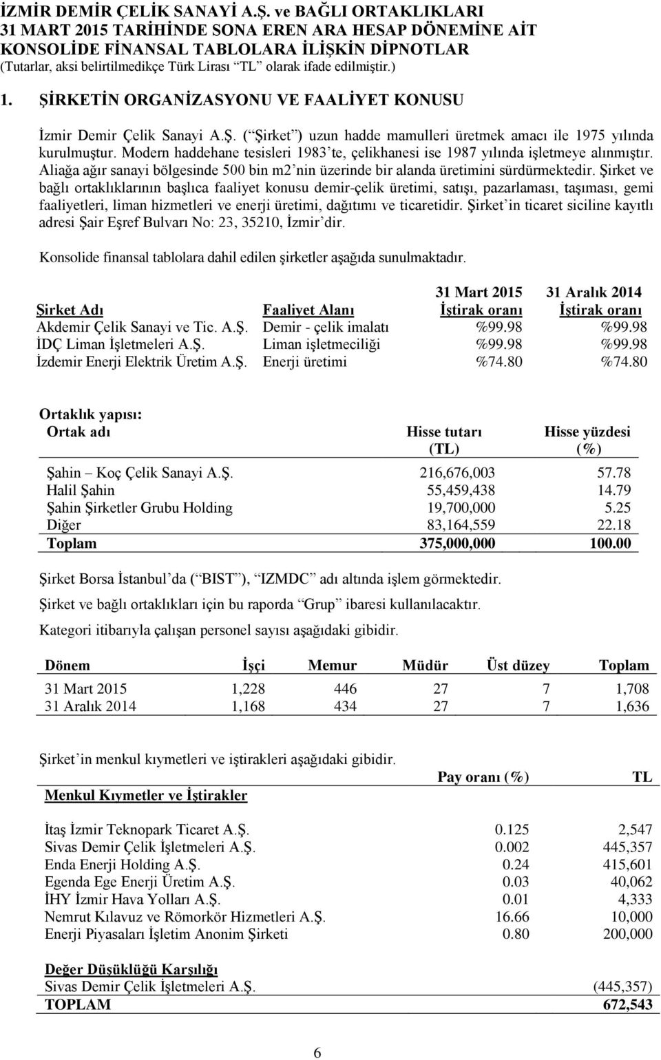 Şirket ve bağlı ortaklıklarının başlıca faaliyet konusu demir-çelik üretimi, satışı, pazarlaması, taşıması, gemi faaliyetleri, liman hizmetleri ve enerji üretimi, dağıtımı ve ticaretidir.