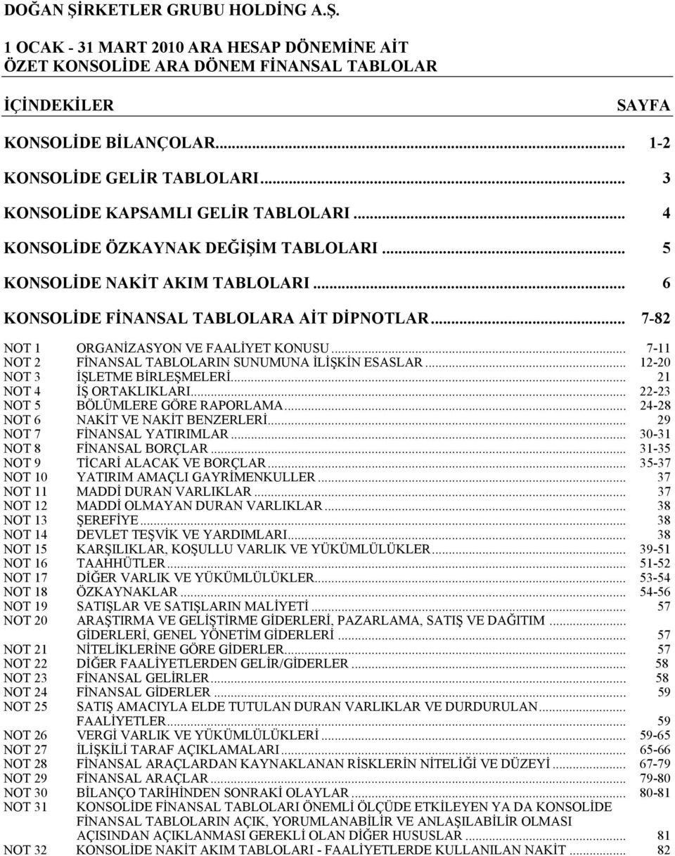 .. 7-11 NOT 2 FİNANSAL TABLOLARIN SUNUMUNA İLİŞKİN ESASLAR... 12-20 NOT 3 İŞLETME BİRLEŞMELERİ... 21 NOT 4 İŞ ORTAKLIKLARI... 22-23 NOT 5 BÖLÜMLERE GÖRE RAPORLAMA.