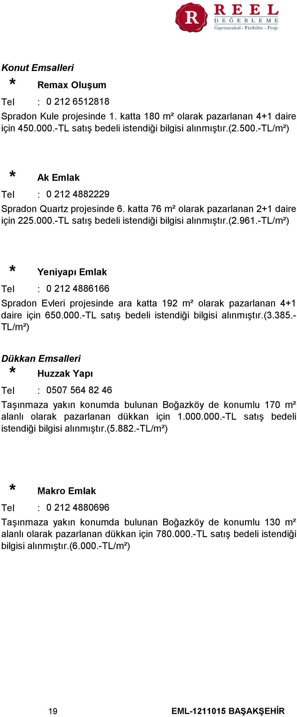 tl/m²) * Yeniyapı Emlak Tel 0 212 4886166 Spradon Evleri projesinde ara katta 192 m² olarak pazarlanan 4+1 daire için 650.000.TL satış bedeli istendiği bilgisi alınmıştır.(3.385.