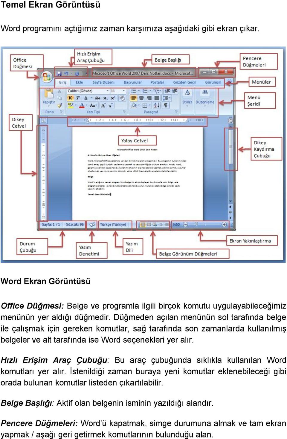 Düğmeden açılan menünün sol tarafında belge ile çalışmak için gereken komutlar, sağ tarafında son zamanlarda kullanılmış belgeler ve alt tarafında ise Word seçenekleri yer alır.