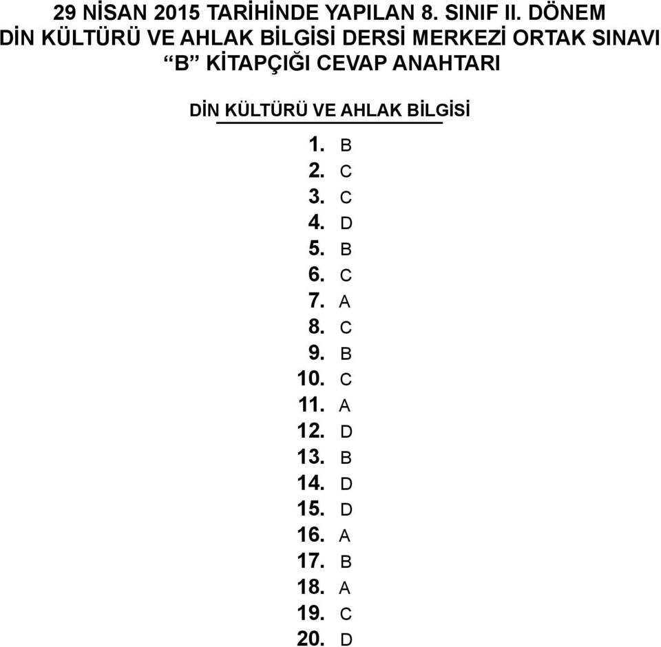 KİTAPÇIĞI CEVAP ANAHTARI DİN KÜLTÜRÜ VE AHLAK BİLGİSİ 1. B 2. C 3.