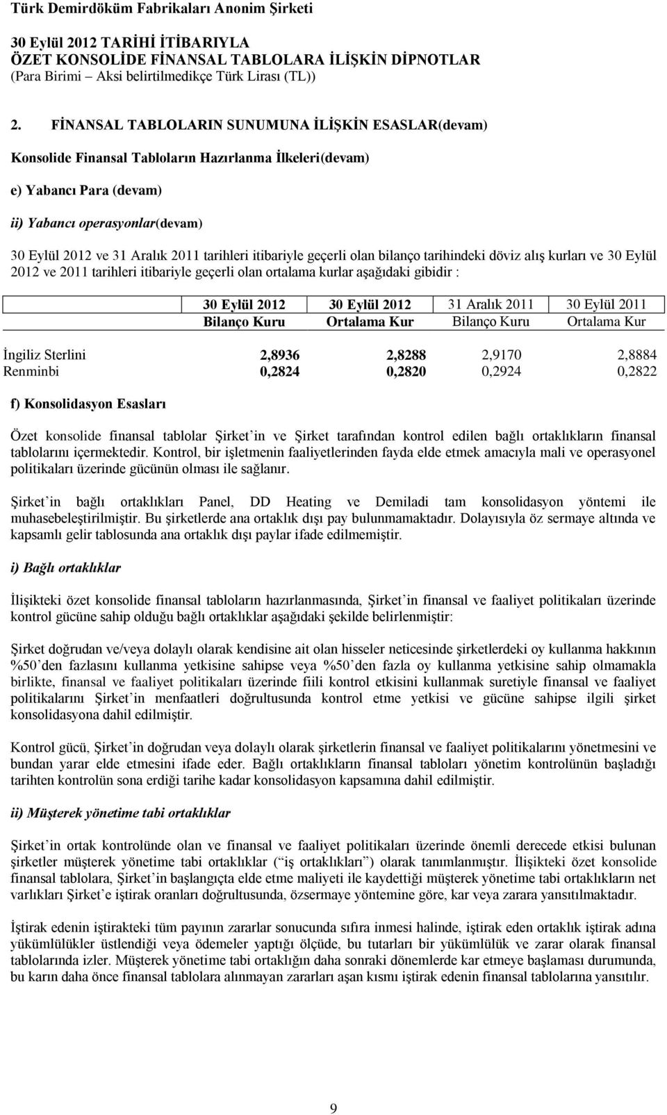 Aralık 2011 30 Eylül 2011 Bilanço Kuru Ortalama Kur Bilanço Kuru Ortalama Kur İngiliz Sterlini 2,8936 2,8288 2,9170 2,8884 Renminbi 0,2824 0,2820 0,2924 0,2822 f) Konsolidasyon Esasları Özet