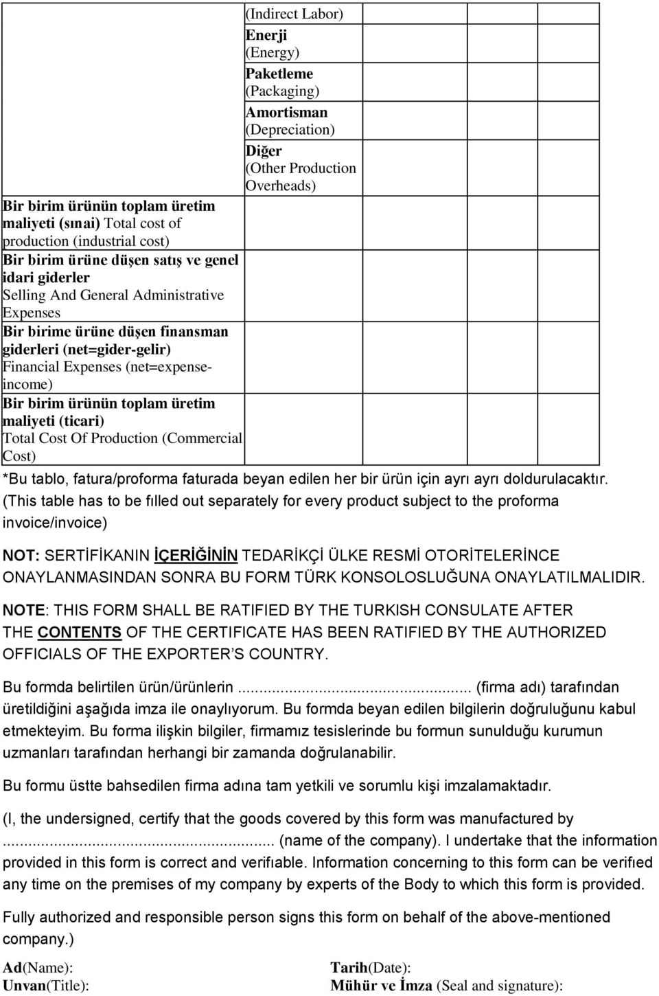 (net=expenseincome) Bir birim ürünün toplam üretim maliyeti (ticari) Total Cost Of Production (Commercial Cost) *Bu tablo, fatura/proforma faturada beyan edilen her bir ürün için ayrı ayrı