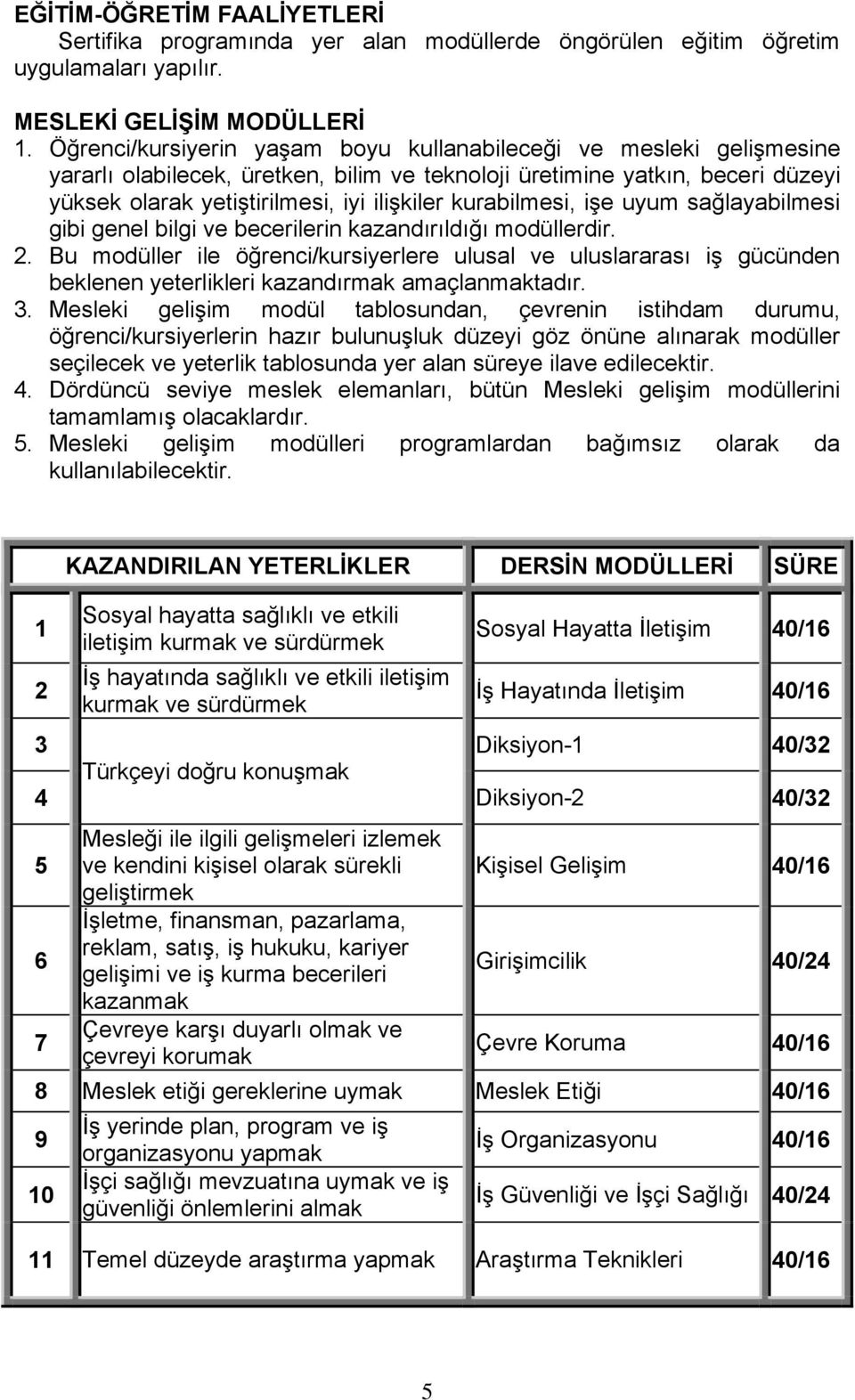 kurabilmesi, işe uyum sağlayabilmesi gibi genel bilgi ve becerilerin kazandırıldığı modüllerdir. 2.