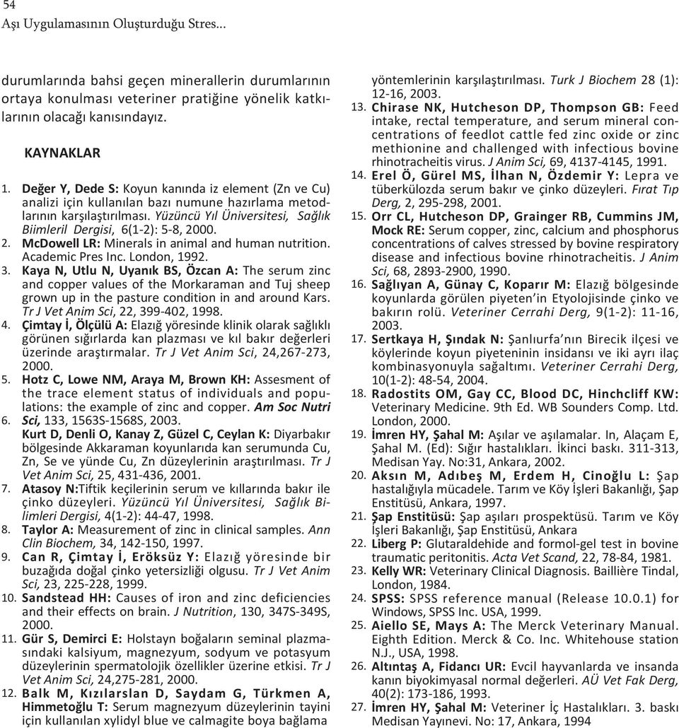 Yüzüncü Yıl Üniversitesi, Sağlık Biimleril Dergisi, 6(1-2): 5-8, 2000. McDowell LR: Minerals in animal and human nutrition. Academic Pres Inc. London, 1992.