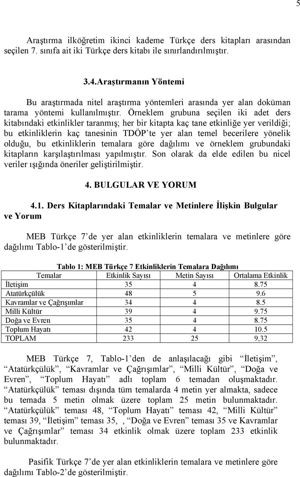 Örneklem grubuna seçilen iki adet ders kitabındaki etkinlikler taranmış; her bir kitapta kaç tane etkinliğe yer verildiği; bu etkinliklerin kaç tanesinin TDÖP te yer alan temel becerilere yönelik