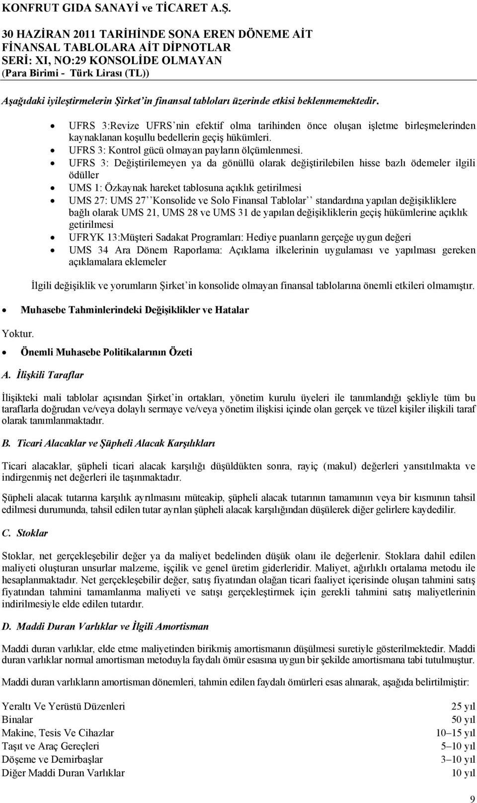 UFRS 3: Değiştirilemeyen ya da gönüllü olarak değiştirilebilen hisse bazlı ödemeler ilgili ödüller UMS 1: Özkaynak hareket tablosuna açıklık getirilmesi UMS 27: UMS 27 Konsolide ve Solo Finansal