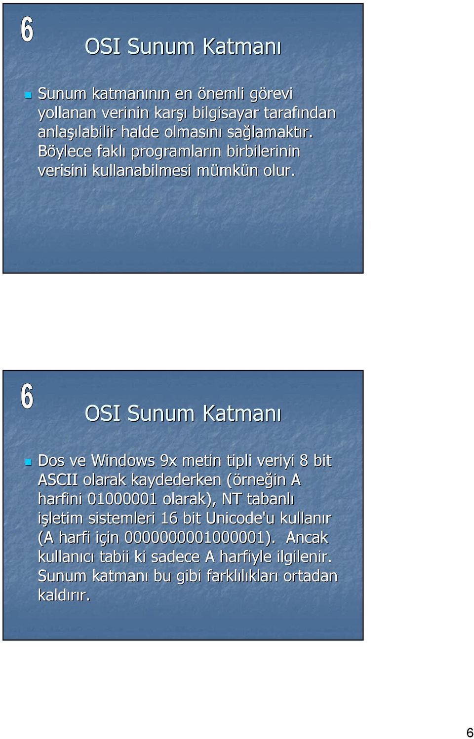 OSI Sunum Katman Dos ve Windows 9x metin tipli veriyi 8 bit ASCII olarak kaydederken (örne( rnein A harfini 01000001 olarak), NT tabanl