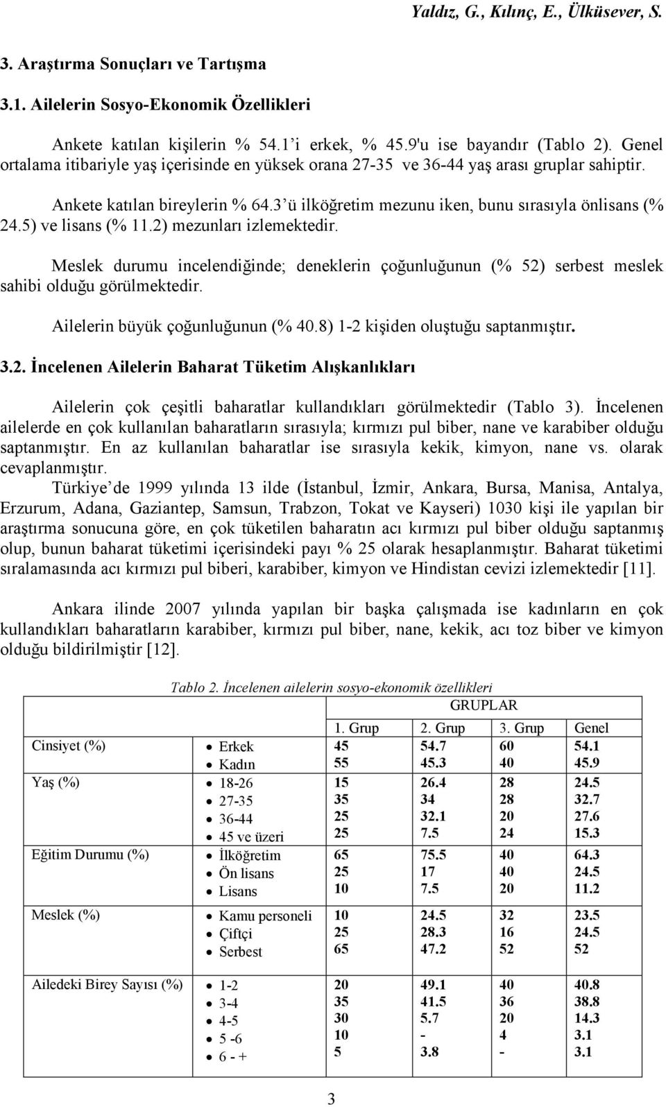 2) mezunları izlemektedir. Meslek durumu incelendiğinde; deneklerin çoğunluğunun (% 2) serbest meslek sahibi olduğu görülmektedir. Ailelerin büyük çoğunluğunun (% 0.8) kişiden oluştuğu saptanmıştır.