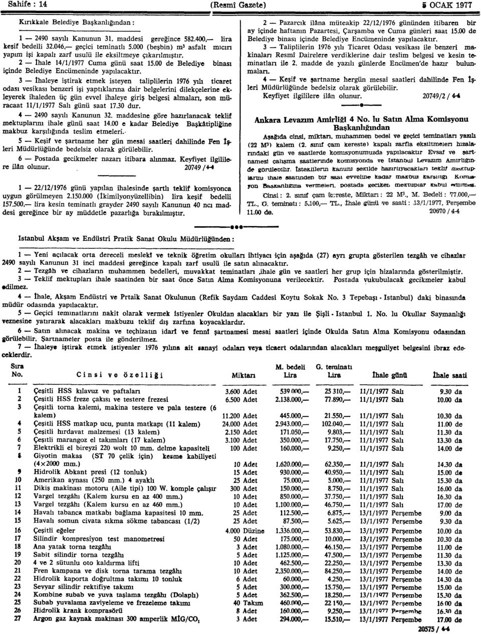 3 İhaleye iştirak etmek isteyen taliplilerin 1976 yılı ticaret odası vesikası benzeri işi yaptıklarına dair belgelerini dilekçelerine ekleyerek ihaleden üç gün evvel ihaleye giriş belgesi almaları,