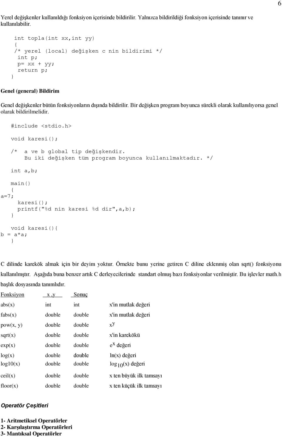 Bir değiģken program boyunca sürekli olarak kullanılıyorsa genel olarak bildirilmelidir. #include <stdio.h> void karesi(); /* a ve b global tip değişkendir.