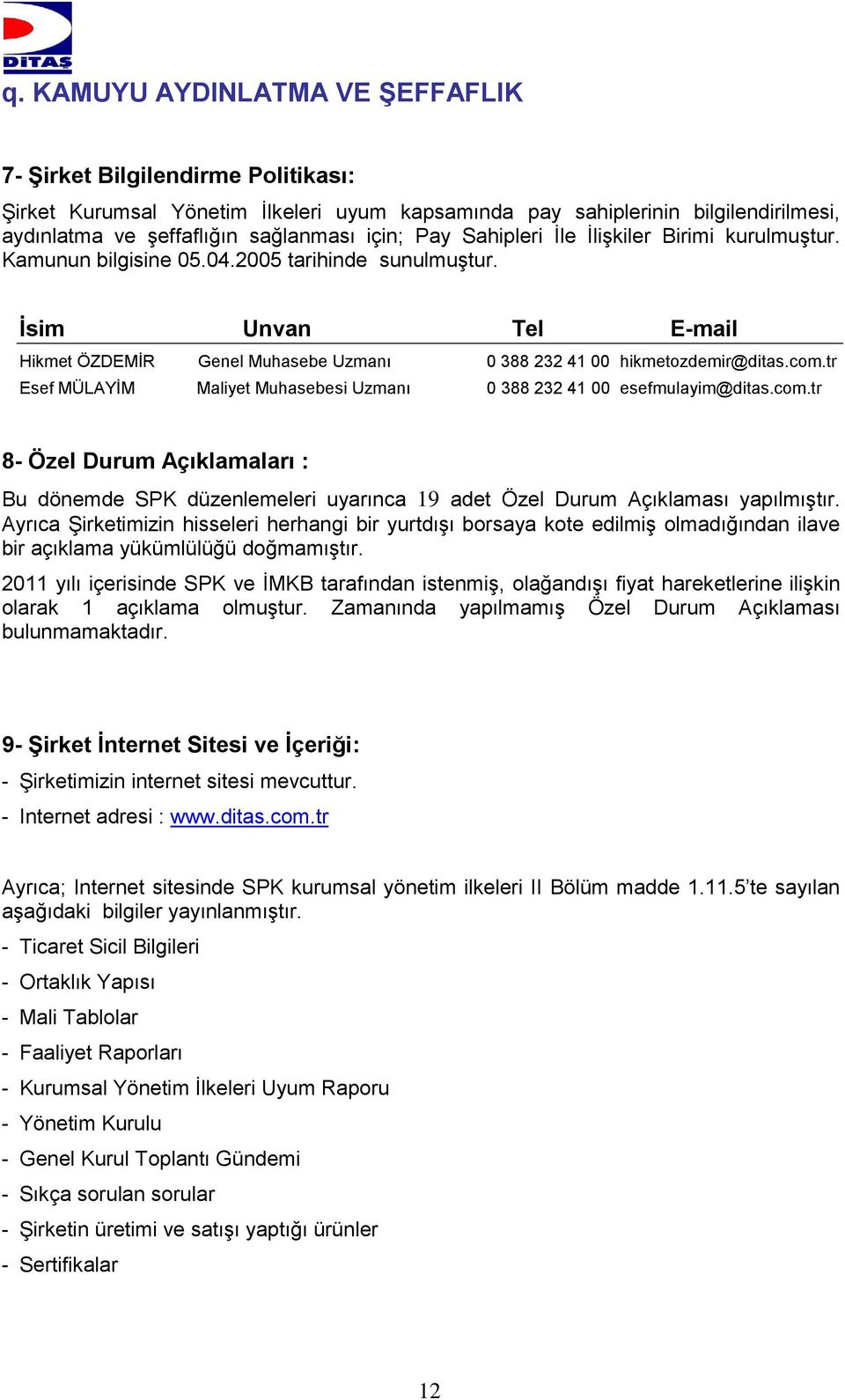 tr Esef MÜLAYİM Maliyet Muhasebesi Uzmanı 0 388 232 41 00 esefmulayim@ditas.com.tr 8- Özel Durum Açıklamaları : Bu dönemde SPK düzenlemeleri uyarınca 19 adet Özel Durum Açıklaması yapılmıştır.