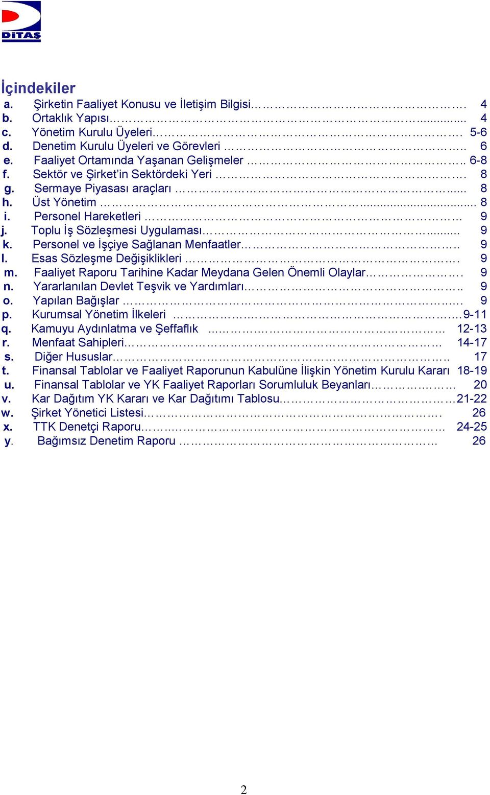 .. 9 k. Personel ve İşçiye Sağlanan Menfaatler.. 9 l. Esas Sözleşme Değişiklikleri. 9 m. Faaliyet Raporu Tarihine Kadar Meydana Gelen Önemli Olaylar. 9 n. Yararlanılan Devlet Teşvik ve Yardımları.