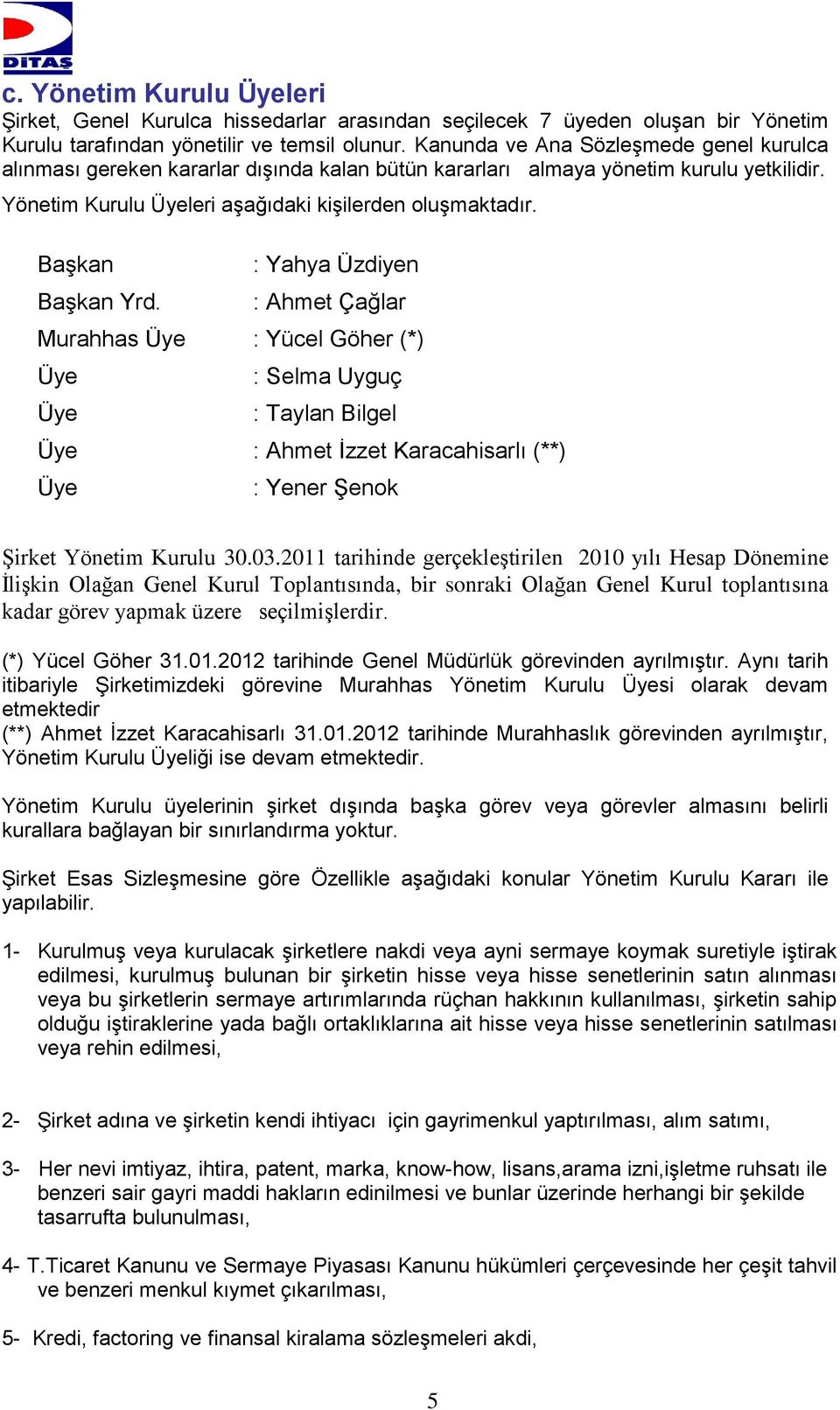 Başkan Başkan Yrd. : Yahya Üzdiyen : Ahmet Çağlar Murahhas Üye : Yücel Göher (*) Üye Üye : Selma Uyguç : Taylan Bilgel Üye : Ahmet İzzet Karacahisarlı (**) Üye : Yener Şenok Şirket Yönetim Kurulu 30.