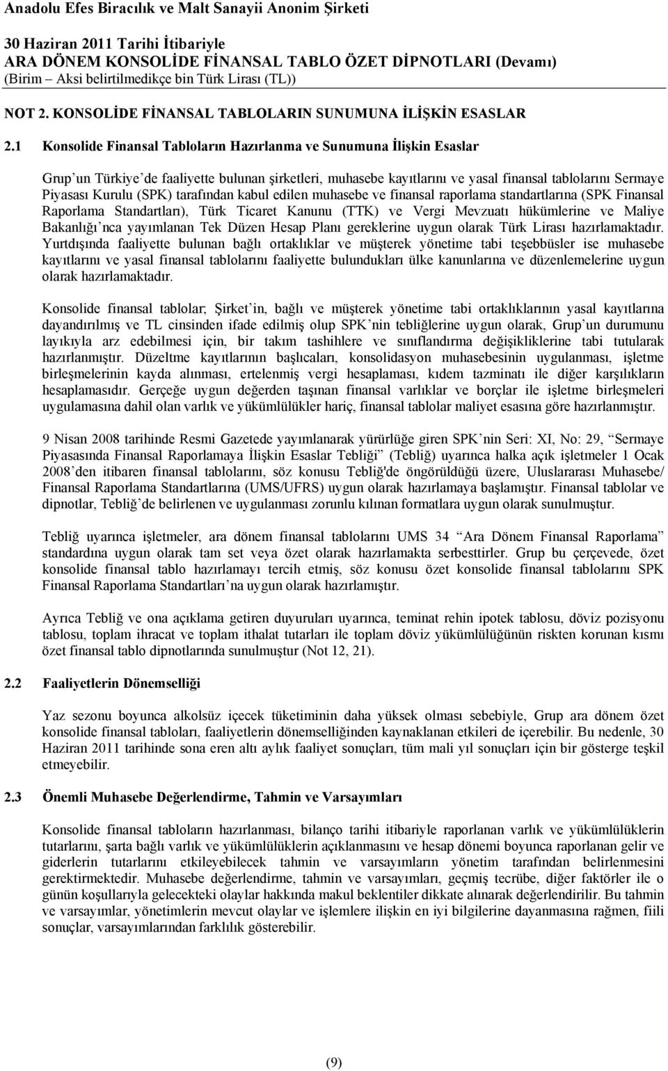 (SPK) tarafından kabul edilen muhasebe ve finansal raporlama standartlarına (SPK Finansal Raporlama Standartları), Türk Ticaret Kanunu (TTK) ve Vergi Mevzuatı hükümlerine ve Maliye Bakanlığı nca