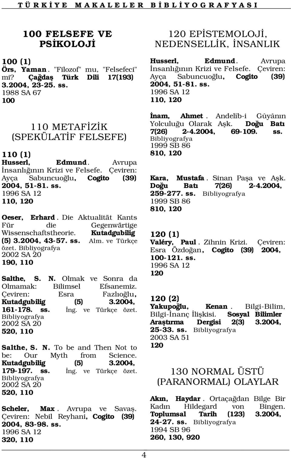 Avrupa nsanl n n Krizi ve Felsefe. Çeviren: Ayça Sabuncuo lu, Cogito (39) 2004, 51-81. ss. 1996 SA 12 110, 120 1999 SB 86 810, 120 Oeser, Erhard.