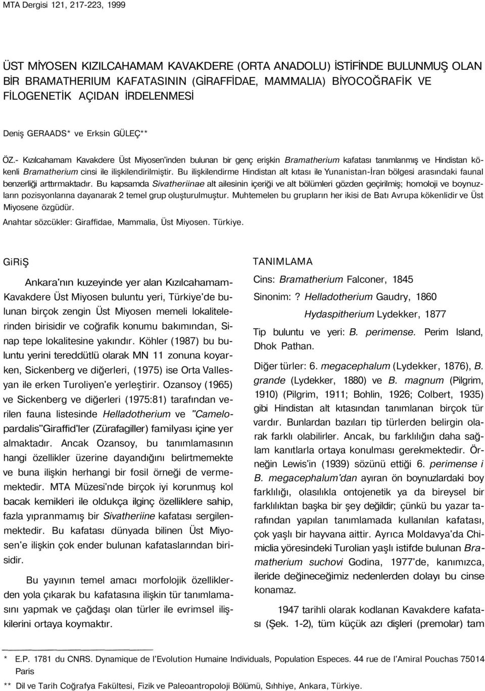 - Kızılcahamam Kavakdere Üst Miyosen'inden bulunan bir genç erişkin Bramatherium kafatası tanımlanmış ve Hindistan kökenli Bramatherium cinsi ile ilişkilendirilmiştir.