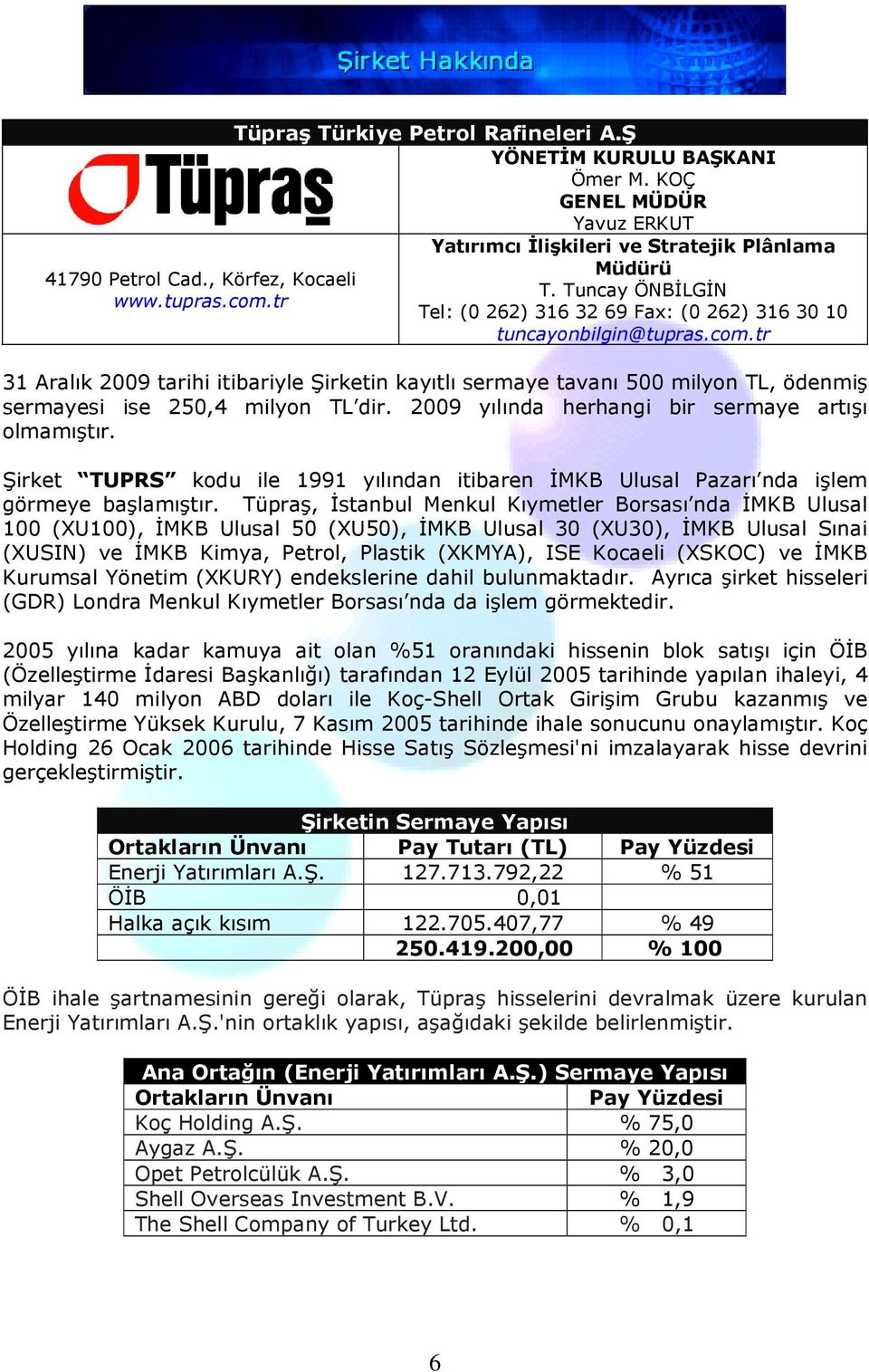 tr 31 Aralık 2009 tarihi itibariyle Şirketin kayıtlı sermaye tavanı 500 milyon TL, ödenmiş sermayesi ise 250,4 milyon TL dir. 2009 yılında herhangi bir sermaye artışı olmamıştır.