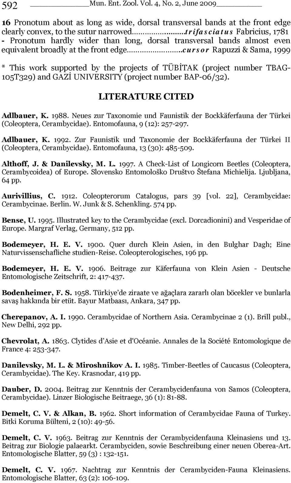 .cursor Rapuzzi & Sama, 1999 * This work supported by the projects of TÜBİTAK (project number TBAG- 105T329) and GAZİ UNIVERSITY (project number BAP-06/32). LITERATURE CITED Adlbauer, K. 1988.