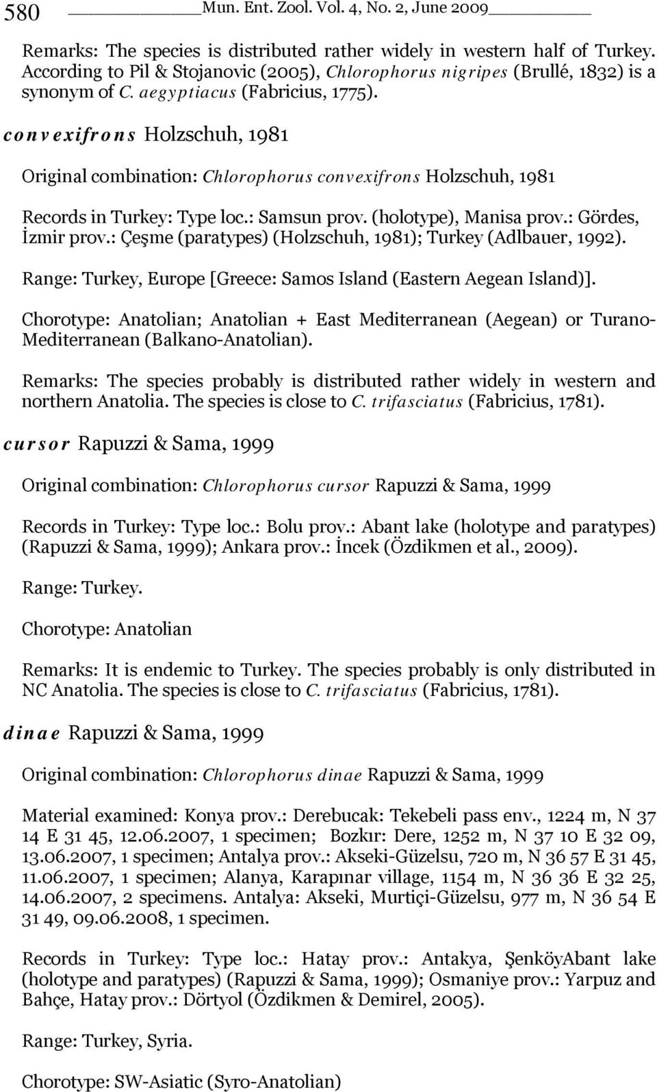 convexifrons Holzschuh, 1981 Original combination: Chlorophorus convexifrons Holzschuh, 1981 Records in Turkey: Type loc.: Samsun prov. (holotype), Manisa prov.: Gördes, İzmir prov.