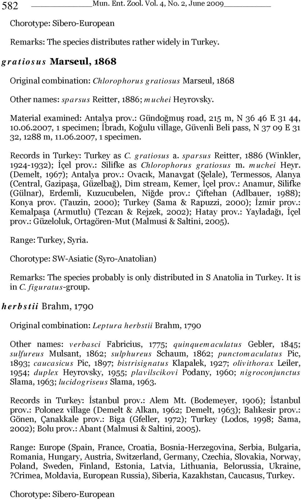 : Gündoğmuş road, 215 m, N 36 46 E 31 44, 10.06.2007, 1 specimen; İbradı, Koğulu village, Güvenli Beli pass, N 37 09 E 31 32, 1288 m, 11.06.2007, 1 specimen. Records in Turkey: Turkey as C.