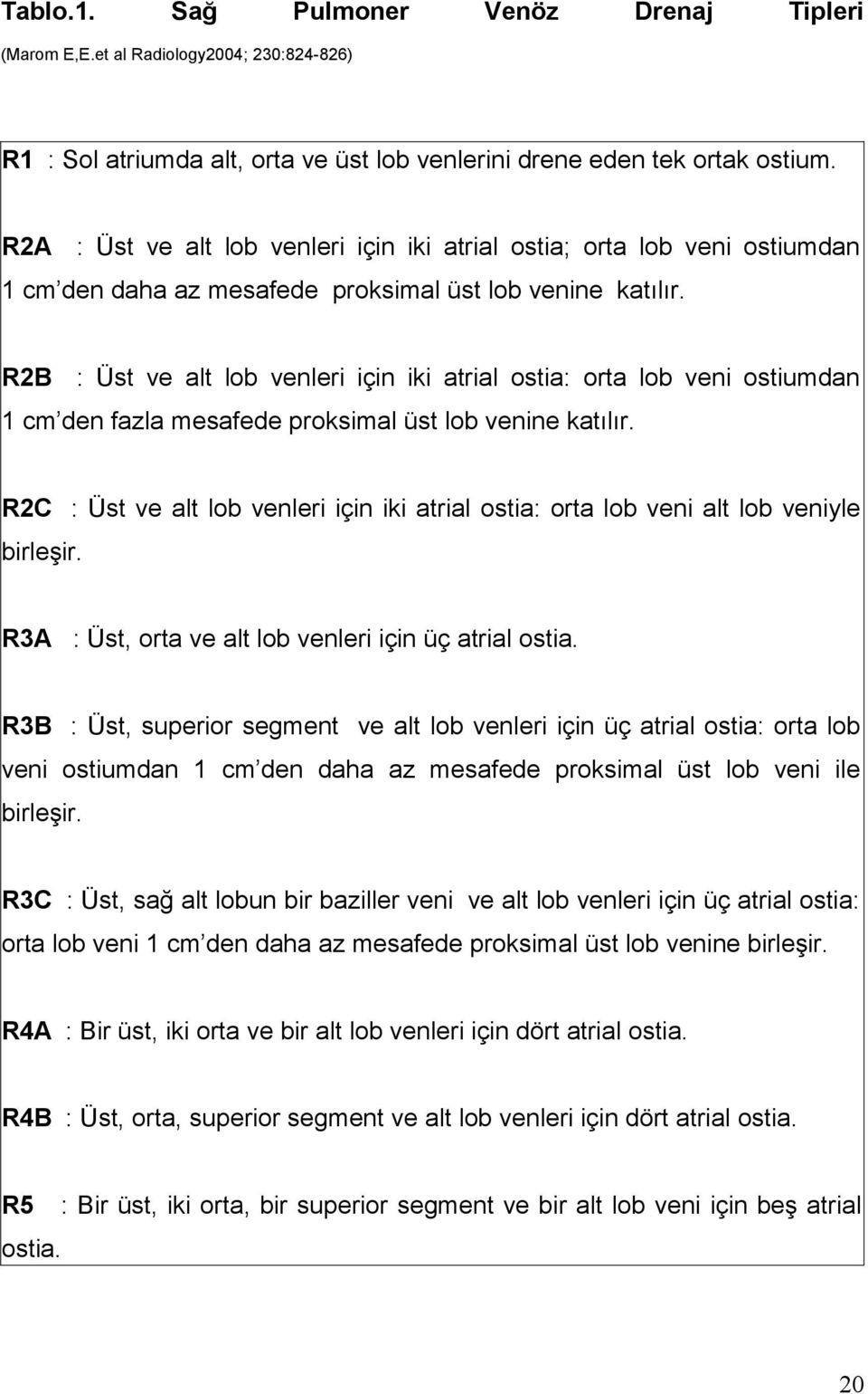 R2B : Üst ve alt lob venleri için iki atrial ostia: orta lob veni ostiumdan 1 cm den fazla mesafede proksimal üst lob venine katılır.