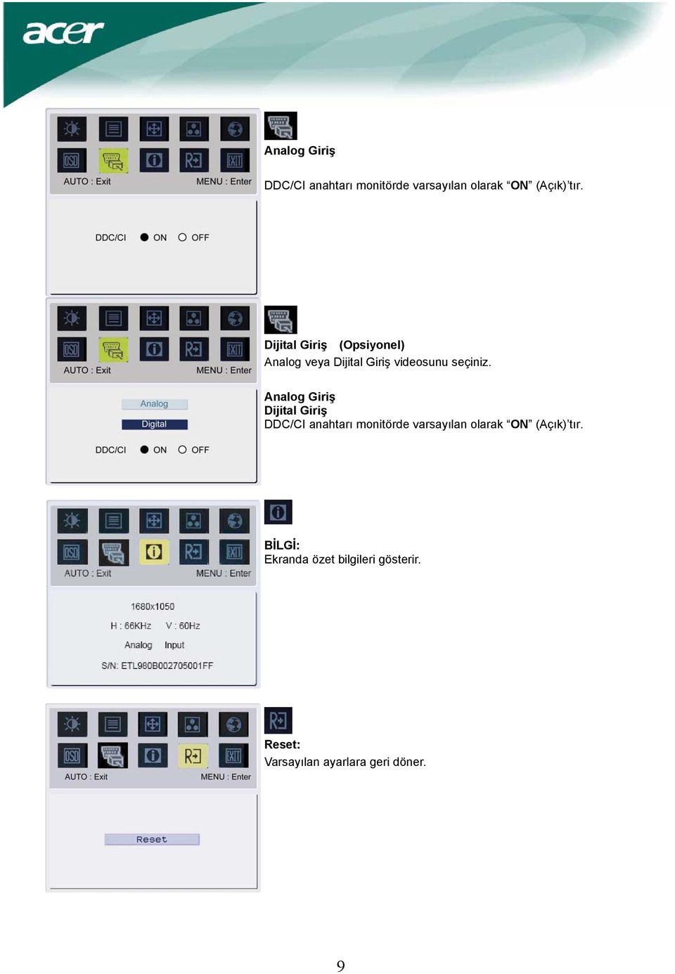 Analog Giriş Dijital Giriş DDC/CI anahtarı monitörde varsayılan olarak ON
