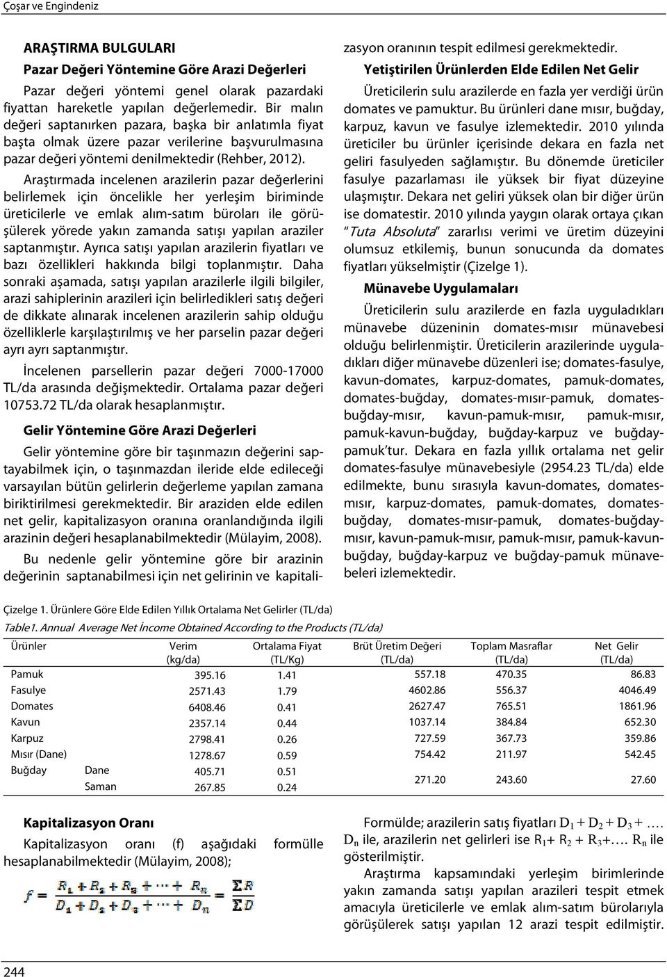 Araştırmada incelenen arazilerin pazar değerlerini belirlemek için öncelikle her yerleşim biriminde üreticilerle ve emlak alım-satım büroları ile görüşülerek yörede yakın zamanda satışı yapılan