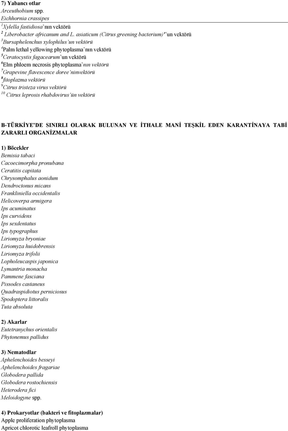 phytoplasma nın vektörü 7 Grapevine flavescence doree ninvektörü 8 fitoplazma vektörü 9 Citrus tristeza virus vektörü 10 Citrus leprosis rhabdovirus ün vektörü B-TÜRKİYE DE SINIRLI OLARAK BULUNAN VE