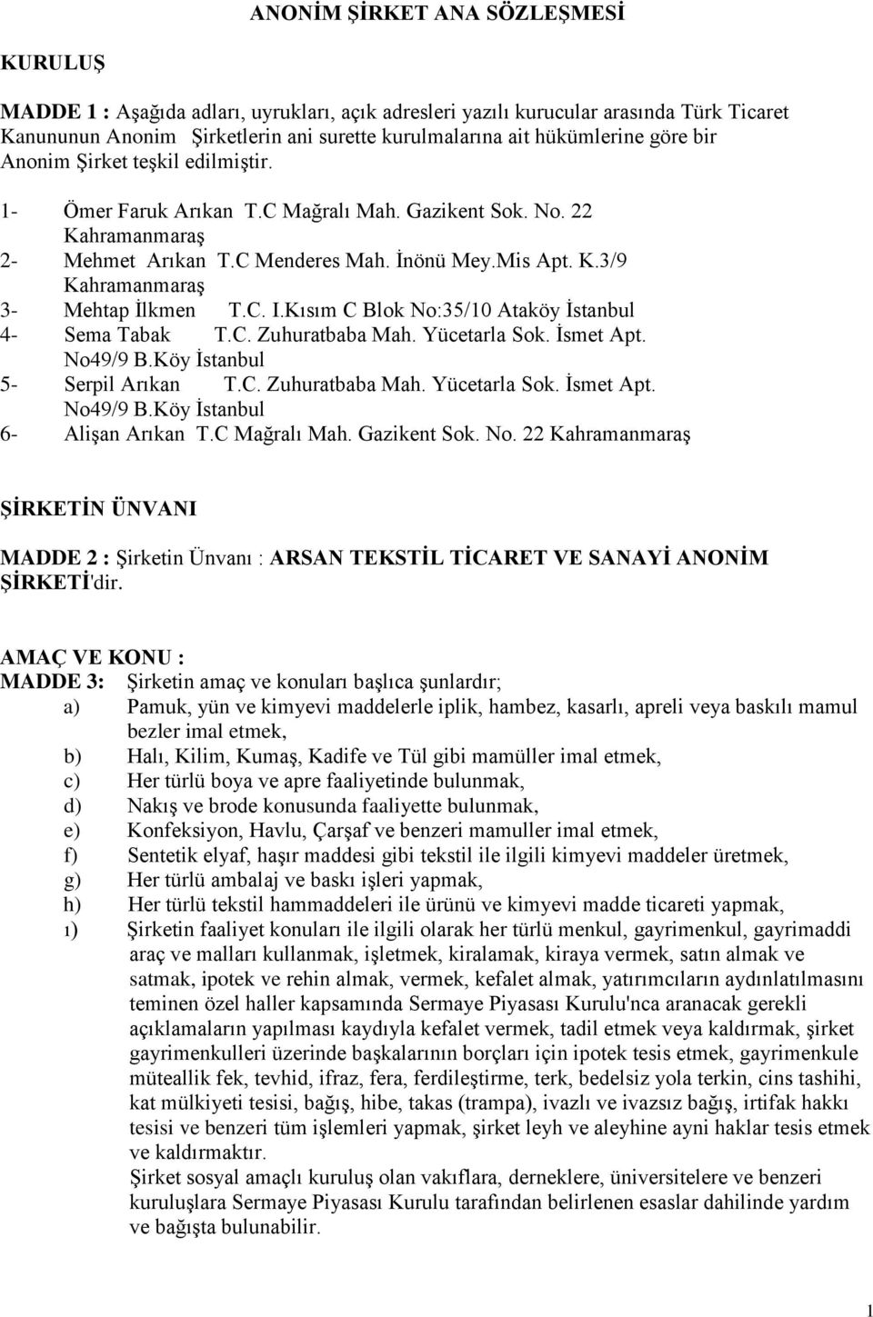 C. I.Kısım C Blok No:35/10 Ataköy İstanbul 4- Sema Tabak T.C. Zuhuratbaba Mah. Yücetarla Sok. İsmet Apt. No49/9 B.Köy İstanbul 5- Serpil Arıkan T.C. Zuhuratbaba Mah. Yücetarla Sok. İsmet Apt. No49/9 B.Köy İstanbul 6- Alişan Arıkan T.