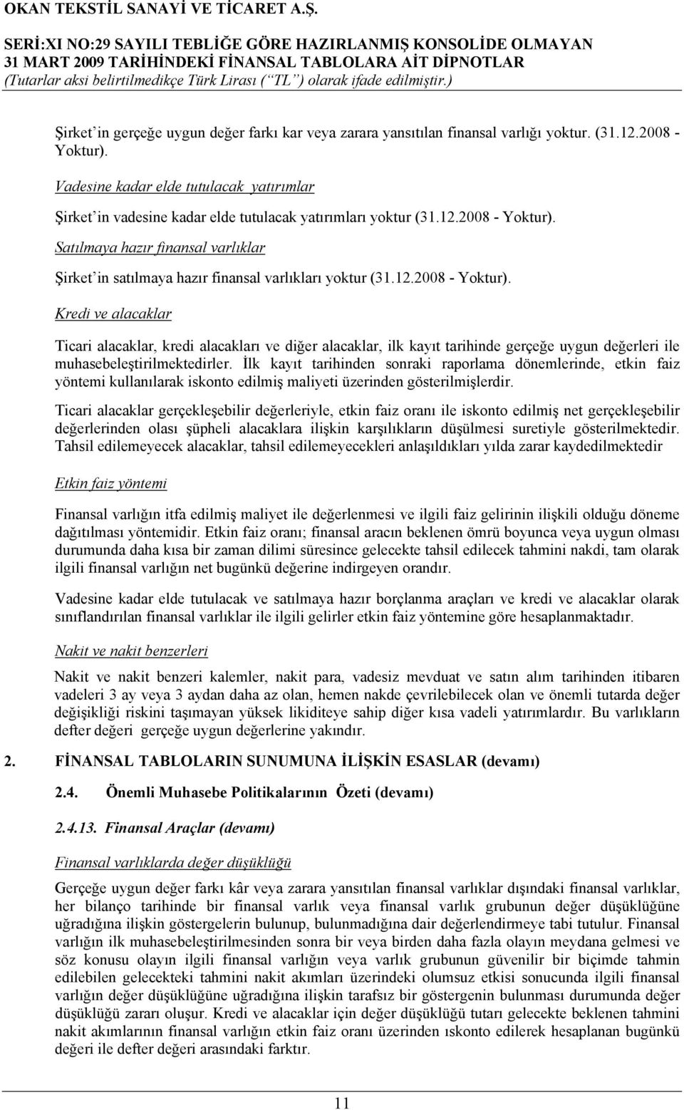 Satılmaya hazır finansal varlıklar Şirket in satılmaya hazır finansal varlıkları yoktur (31.12.2008 - Yoktur).