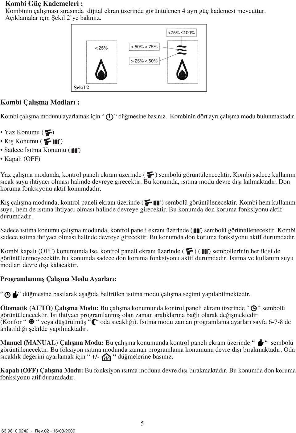 Yaz Konumu ( ) K fl Konumu ( ) Sadece Is tma Konumu ( ) Kapal (OFF) Yaz çal flma modunda, kontrol paneli ekran üzerinde ( ) sembolü görüntülenecektir.