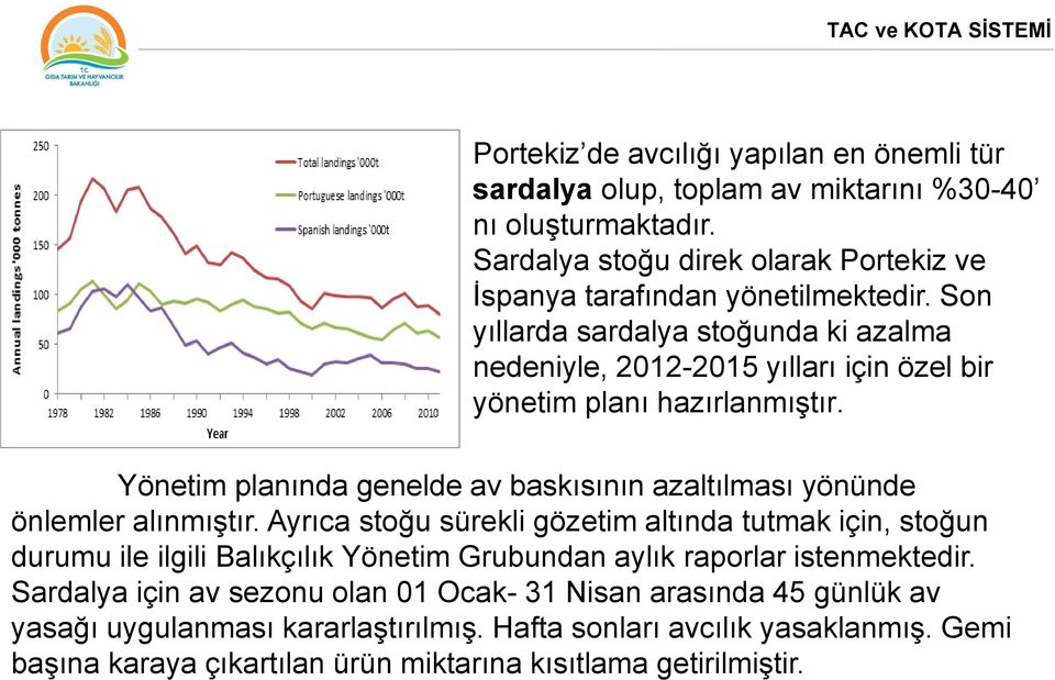 Son yıllarda sardalya stoğunda ki azalma nedeniyle, 2012-2015 yılları için özel bir yönetim planı hazırlanmıģtır.