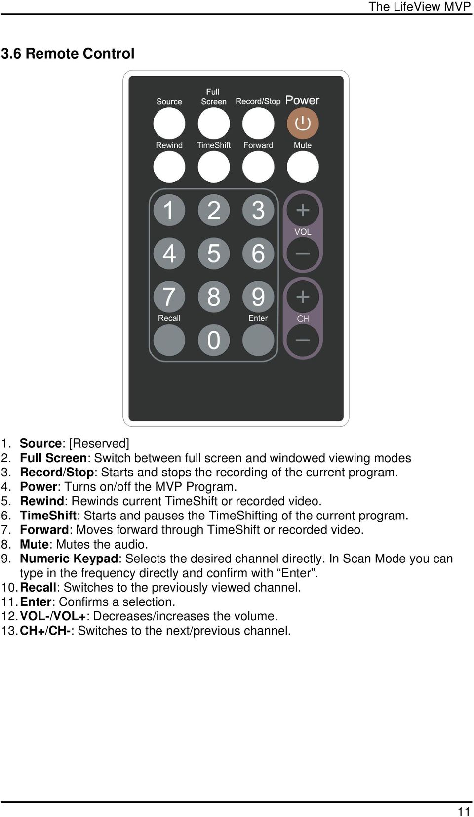 TimeShift: Starts and pauses the TimeShifting of the current program. 7. Forward: Moves forward through TimeShift or recorded video. 8. Mute: Mutes the audio. 9.